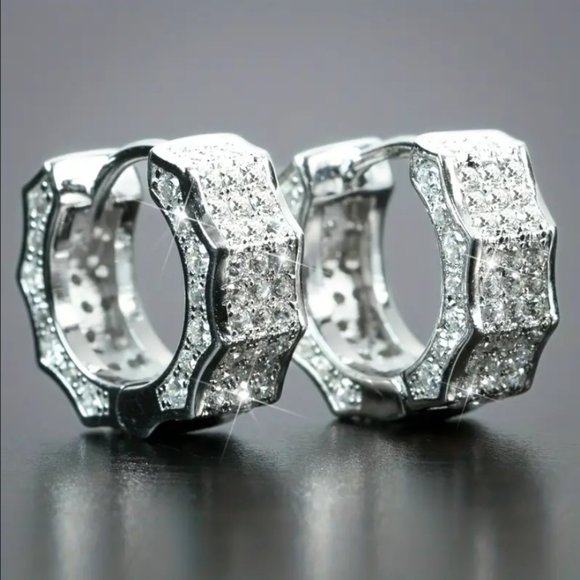Mens 14K White Gold 2ct Diamond Round Huggie Earrings Studded Silver Jewelry NEW